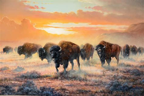 Lot Detail Buffalo Sunset Original Western Oil Painting By Jw
