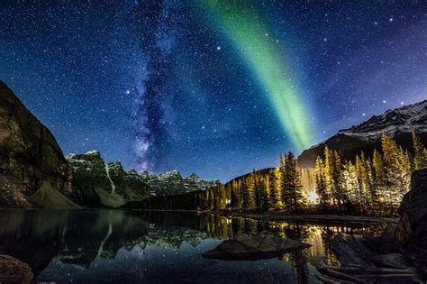 Milky Way And Aurora Borealis Over Ten Peaks Moraine Lake Valley Of