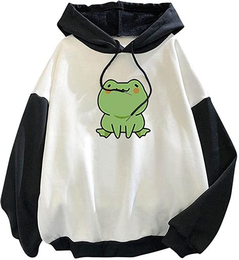 Womens Hoodies Pullover Frog Graphic Splice Kawaii Long Sleeve Hooded