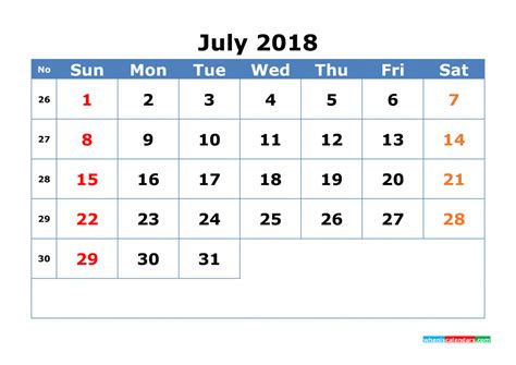July 2018 Calendar With Week Numbers Printable