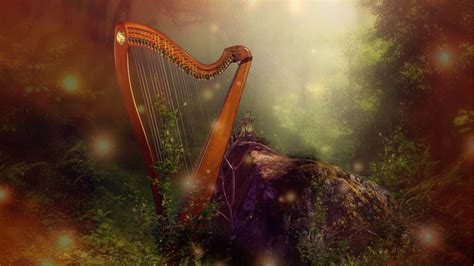 An Artistic Photo Of A Harp In The Woods With Lights Coming From Its Sides