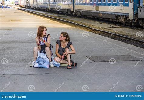 Young Teenage Girls Wait For The Train Editorial Photo Image Of