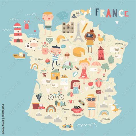 France Map Kids Nursery Poster Print French Elements People Symbols