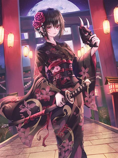 3840x2160px 4k Free Download Girl Kimono Katana Mask Anime