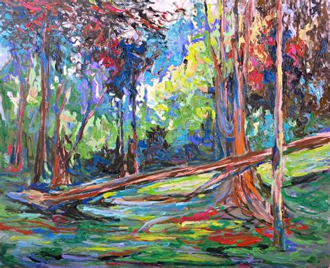 Red Tree Forest Impressionism Acrylic Oil Painting Stock Illustration