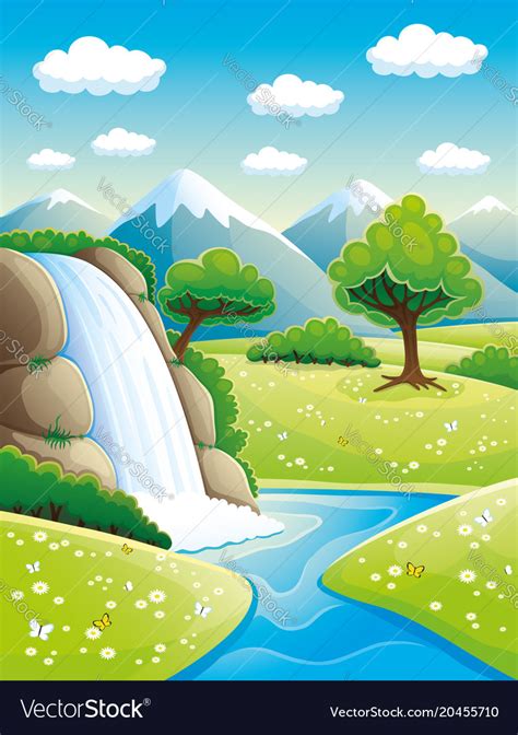 Beautiful Waterfall And Mountains Royalty Free Vector Image