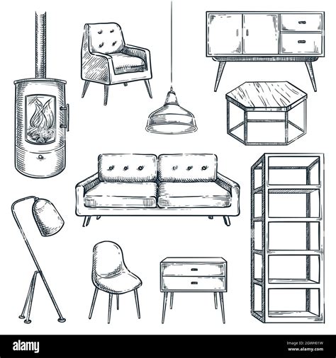 Living Room Modern Furniture Icons Set Vector Hand Drawn Sketch