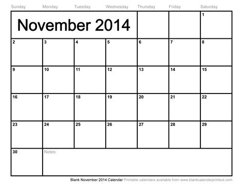 Blank November 2014 Calendar To Print