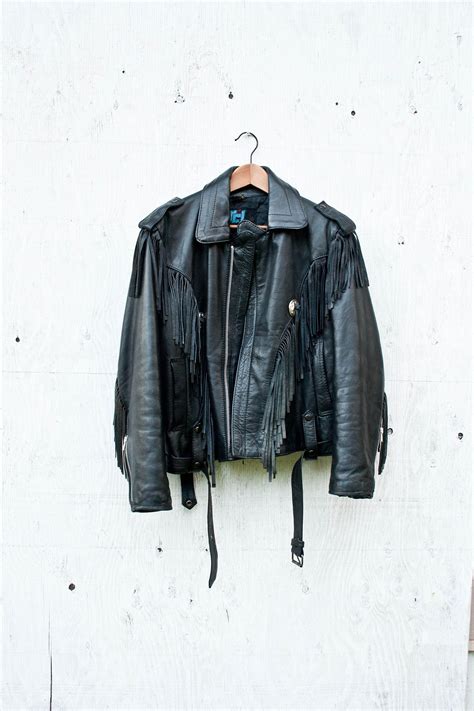 Black Leather Fringe Biker Jacket Size 38 Vtg Concho Etsy Fringe