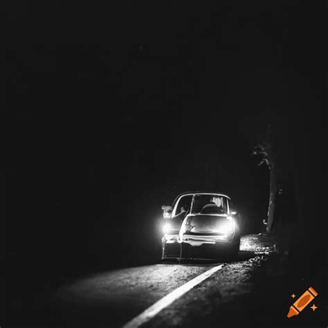 Night Scene Of A Vintage Car On A Lonely Road