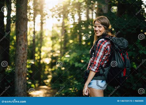 Beautiful Woman Hiking In Forest Stock Image Image Of Green Journey 146723173