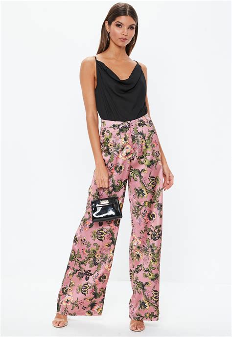 Missguidedus Pink Floral Print Wide Leg Pants Product Page Pink