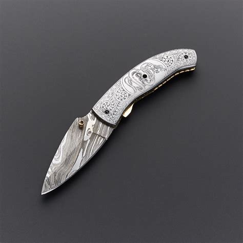 Engraved Damascus Folding Knife Eng 13 Evermade Traders Touch Of