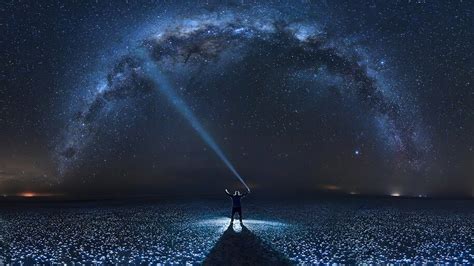 Stars Night Sky Scenery Man Silhouette Milky Way 4k