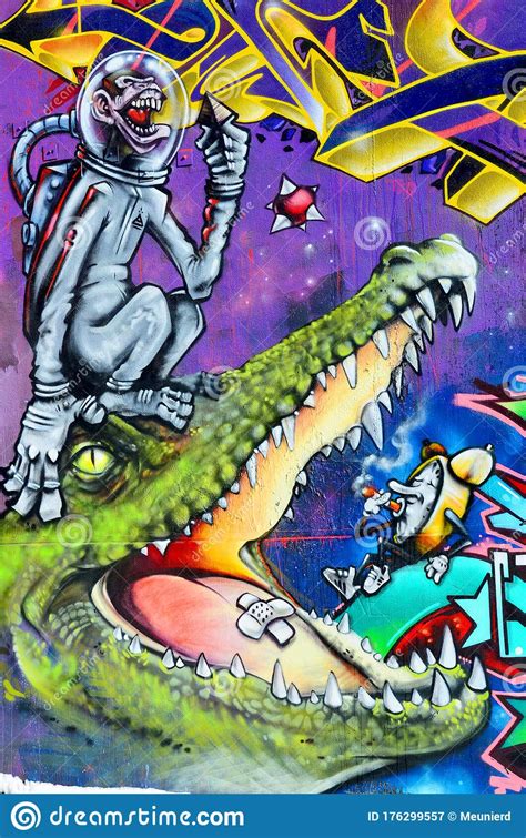 Street Art Montreal Monkey Astronaut And Crocodile Editorial