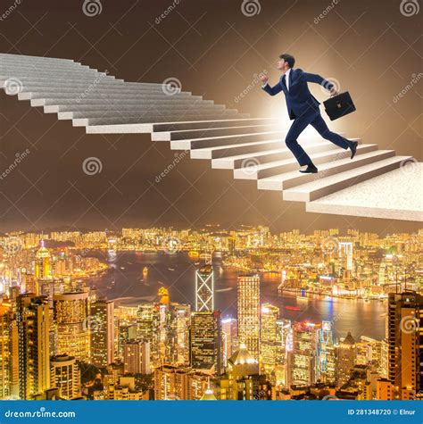 Businessman Climbing Career Ladder Over City Stock Photo - Image of
