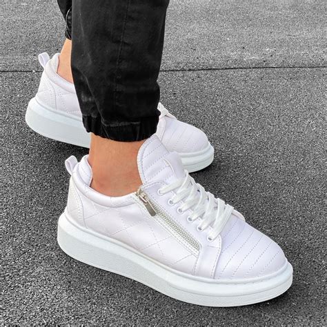 Casual Sneakers With Stitch And Side Zip Design In White