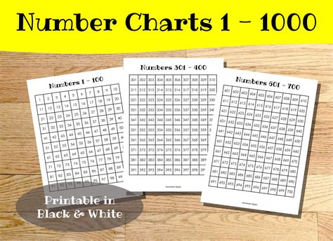 Number Charts 1 1000 Printable Black And White Homeschool Etsy Uk