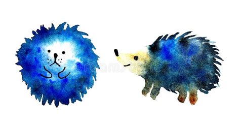 Hedgehog Blue Watercolor Drawing Set Children Illustration Cute