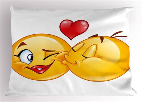 Emoji Pillow Sham Romantic Flirty Loving Smiley Faces Couple Kissing Eachother Hearts Image Art