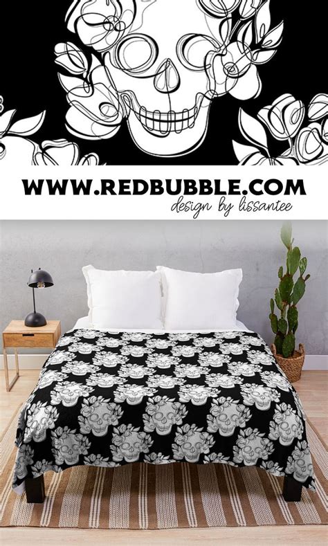 Minimalistic Continuous Line Skull With Poppies Throw Blanket By