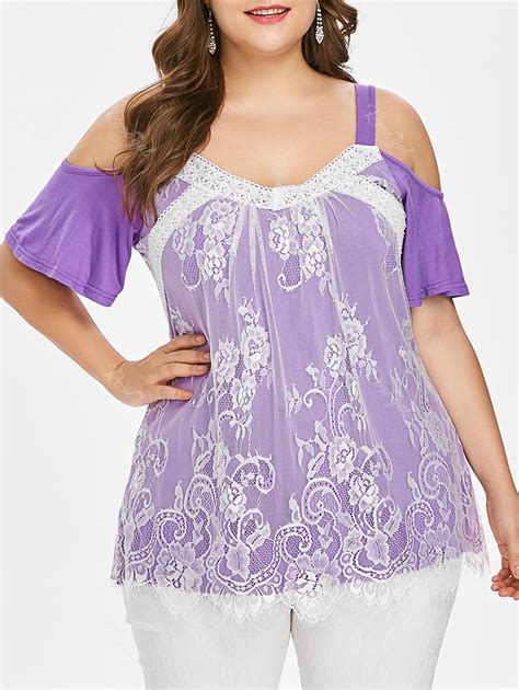 25 Off Plus Size Cold Shoulder Lace Overlay Top Rosegal
