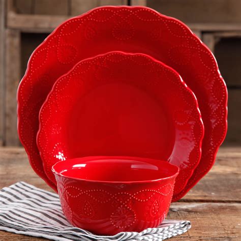 The Pioneer Woman Cowgirl Lace 12 Piece Dinnerware Set Red