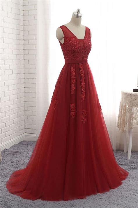 Decent A Line V Neck Tulle Long Prom Evening Dress With Lace Appliques