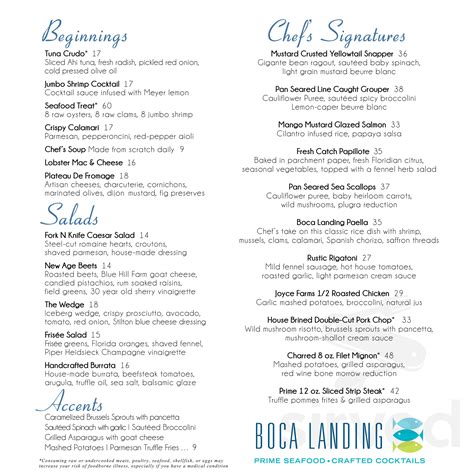 Boca Landing Prime Seafood Crafted Cocktails Menu In Boca Raton Florida Usa