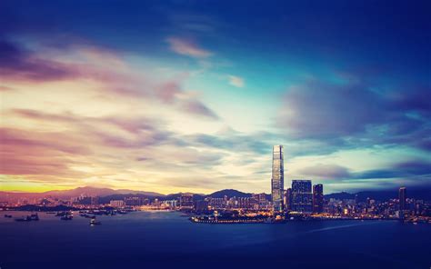 Wallpaper Sunlight Sunset Sea City Cityscape Hong Kong Night