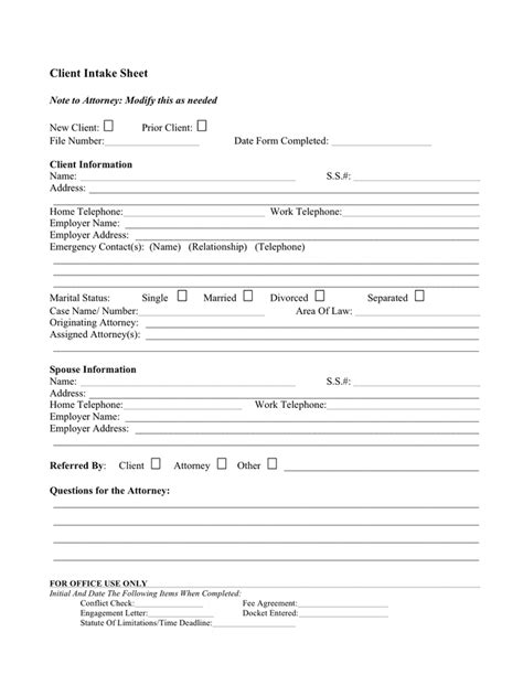 Law Office Legal Client Intake Form 10 Free Real Estate Intake Form