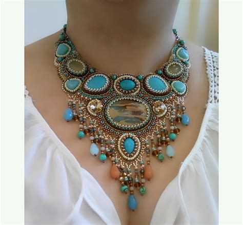 Bead Embroidered Necklace Turquoise Bib Necklace For Women Etsy