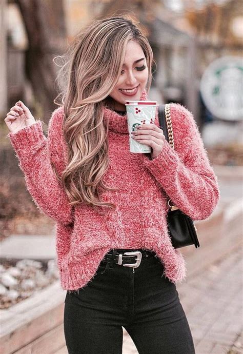 Outfit Of The Day Pink Sweater Bag Black Skinny Jeans Classy Winter Outfits Fashion Sweater