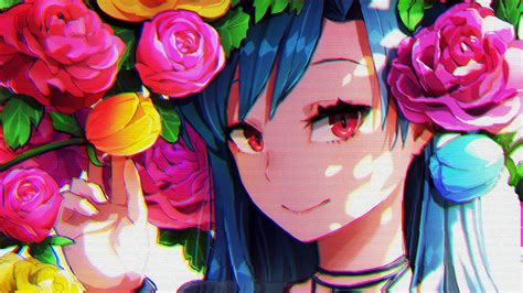 Female anime character wallpaper, anime girls, red eyes, glitch art, flowers • Wallpaper For You ...