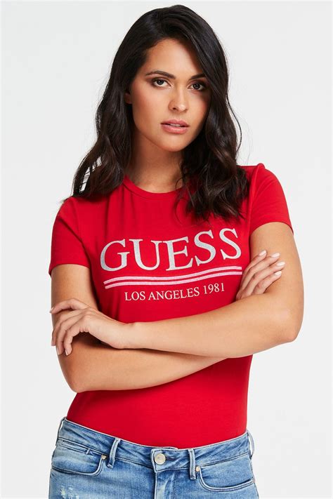 Red Colour Guess Womans T Shirt With Logo Print Guess Logo Ronald