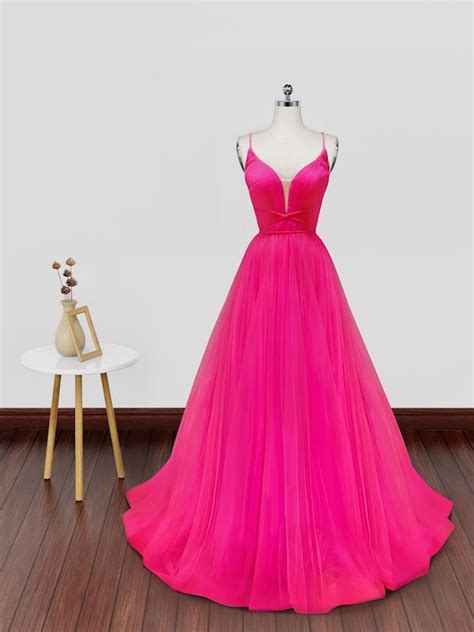 A Line V Neck Backless Hot Pink Tulle Prom Dresses Hot Pink Etsy