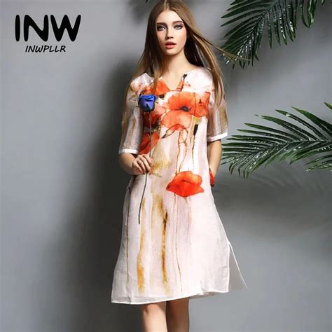 New High Quality Cotton Linen Silk Dress Summer Floral Print Linen