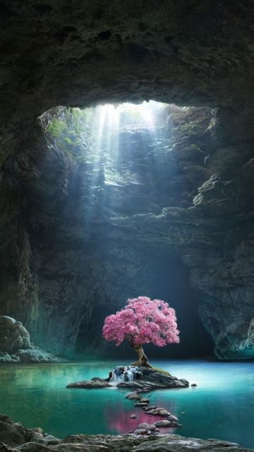 Download 360x640 Wallpaper Pink Tree Blossom Cave Lake Nature