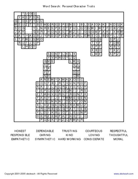 Word Search Personal Character Traits Worksheet For 2nd