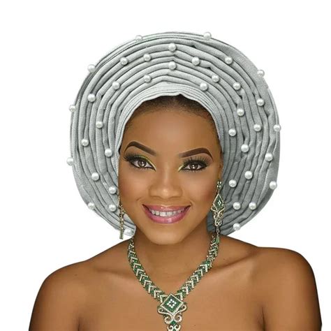 Aso Oke Gele Headtie For Women African Head Wrap With Beads Nigerian Turban For Wedding In