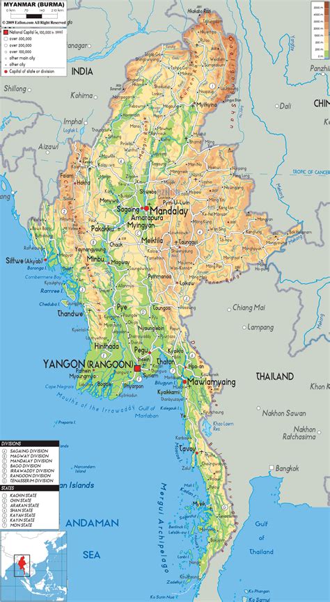 Physical Map Of Myanmar Ezilon Maps