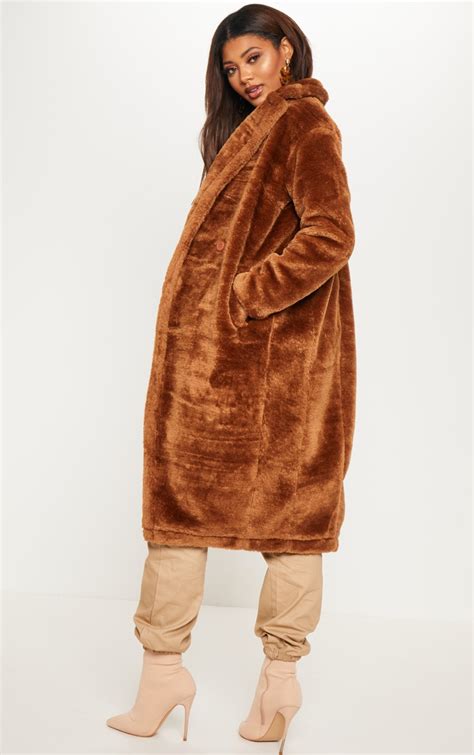 Tall Brown Faux Fur Long Line Coat Tall Prettylittlething Aus