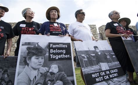 japanese american elders protest outside fort sill internment camp stop repeating history