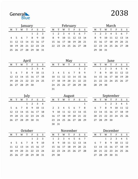 Year 2038 Free Printable 12 Month Calendar