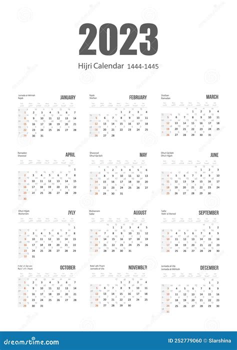 Calendário Islâmico E Gregoriano Hijri 2023 De 1444 A 1445 Modelo De