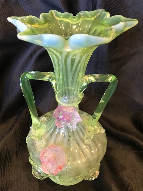 Victorian Vaseline Opalescent Uranium Glass Vase With Applied