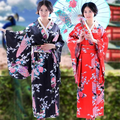 japanese style women satin kimono traditional yukata floral peacock vintage flower koi clothing