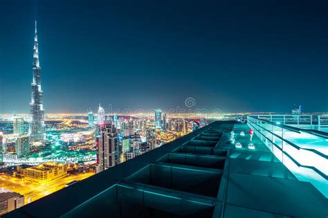 Fantastic Nighttime Dubai Skyline With Illuminated Skyscrapers Stock