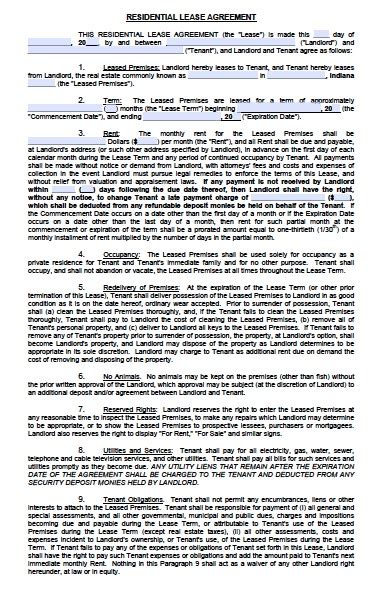 indiana rental lease agreement forms