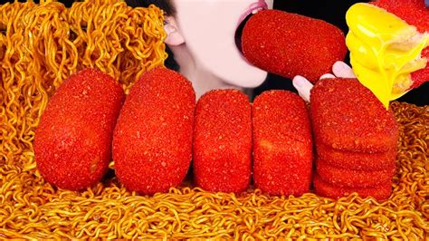 ASMR HOT CHEETOS SAUSAGE SPAM MEAT SPAGHETTI FIRE NOODLES HASH BROWNS